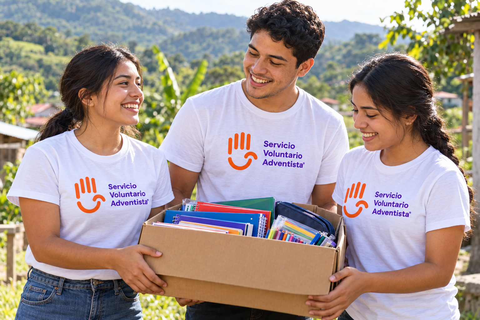 Escena ilustrativa generada de tres jóvenes con camisetas del Servicio Voluntario Adventista compartiendo materiales educativos