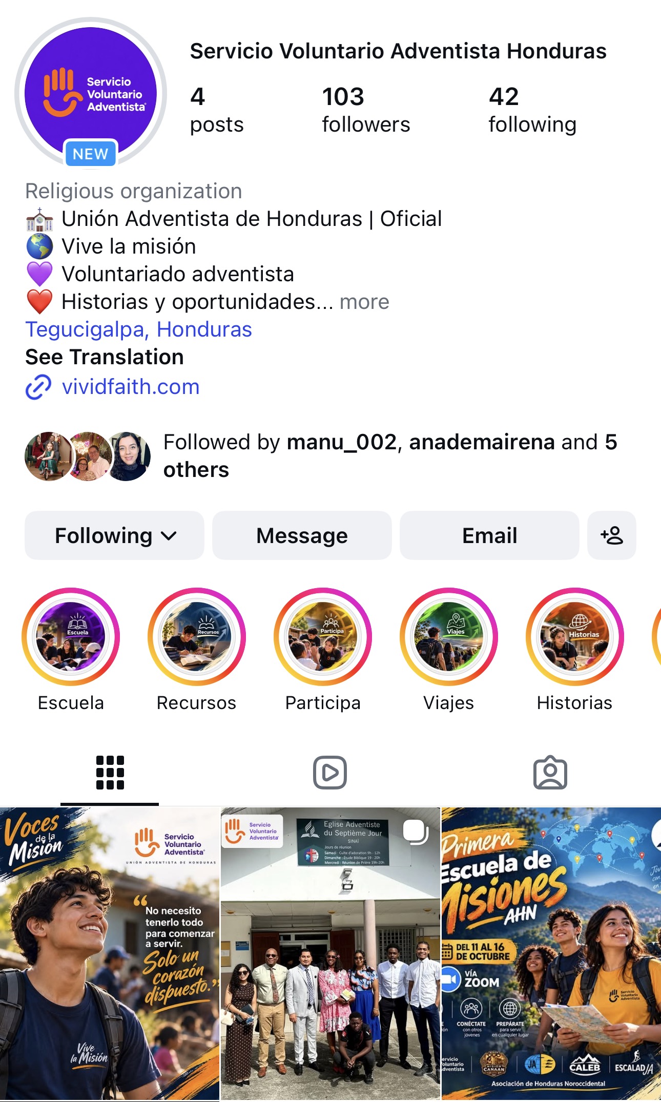Vista del perfil de Instagram Servicio Voluntario Adventista Honduras y sus publicaciones